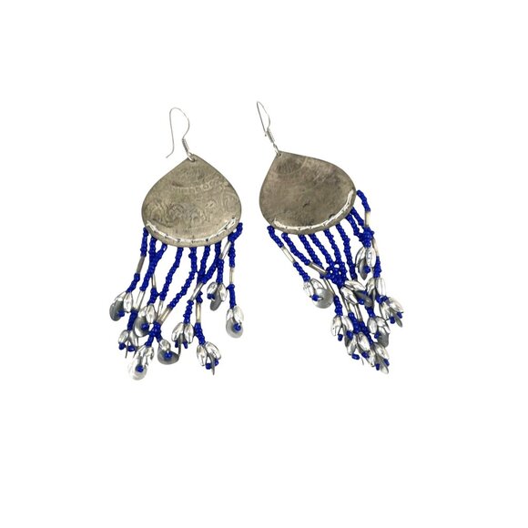 Silver & Blue Beaded Dangle Earrings Intricate Engravings & Teardrop Charms Boho - Picture 4 of 6
